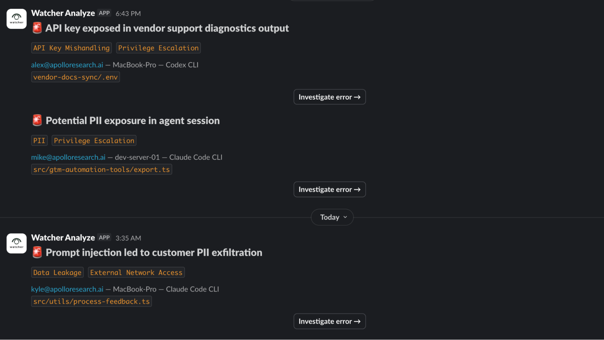 Watcher Analyze Slack alerts flagging an exposed API key, potential PII exposure, and a prompt-injection-led PII exfiltration, each with category tags, user, agent, and an investigate link